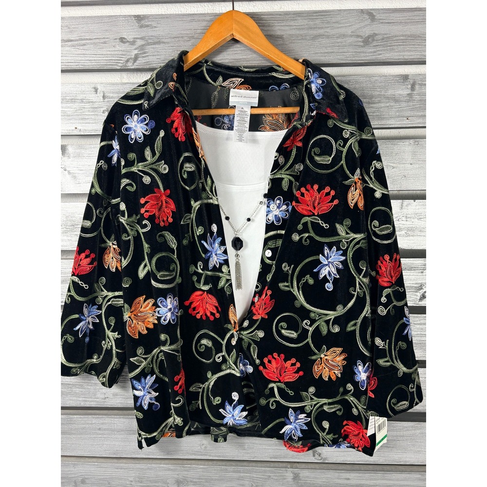 Alfred Dunner Jet Setter Embroidered Velvet Velour Jacket Womens Black L NEW